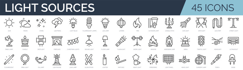 Set of 45 outline icons related to light sources. Linear icon collection. Editable stroke. Vector illustration © SkyLine