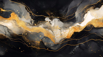 Marble ombre, alcohol ink, abstract art. Background made of mixture of black and gold paints, gold...