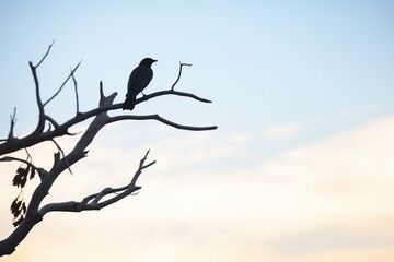 silhouette of a raven perched on a branch - obrazy, fototapety, plakaty