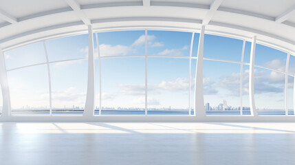 Empty white room with panoramic windows and seamless pattern