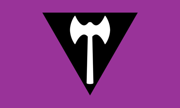 Labrys Lesbian pride flag, Equality flag, Symbol of Lesbian feminism, LGBT movement, LGBTQ community, White labrys on the black triangle, set against a lavender-purple background