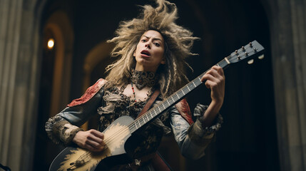 Fototapeta na wymiar 18th century rocker woman playing guitar