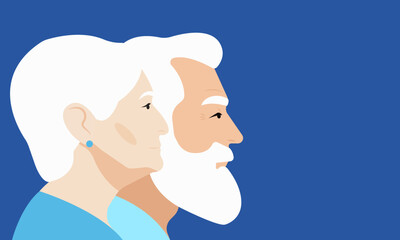 Profile portraits of a elderly man and woman. Blue backdrop. Beauty of age grace. Lifetime relationship, togetherness. Place for text.