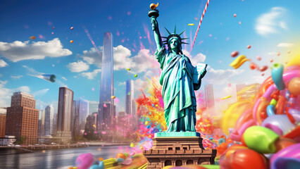 Photo of the Statue of Liberty on the background of the city of New York and colorful splashes.
