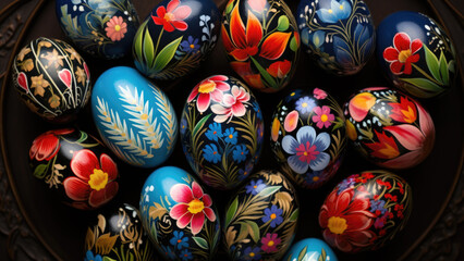 Fototapeta na wymiar Photo of Easter eggs in a vessel with beautiful and unusual pattern lines on a black background. 