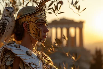 Poster Athena, Goddess of Wisdom: Stern yet beautiful, owl perched on shoulder, golden armor glinting, intelligent gaze, ancient Greek temple backdrop © Marco Attano