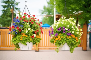 Fototapeta na wymiar hanging baskets of petunias in outdoor display