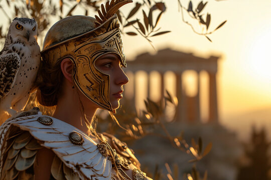 Athena, Goddess of Wisdom: Stern yet beautiful, owl perched on shoulder, golden armor glinting, intelligent gaze, ancient Greek temple backdrop