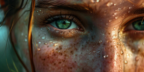 portrait, face adorned with delicate dewdrops, eyes reflecting a morning sky