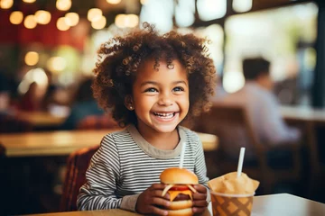 Foto op Aluminium Cheerful little girl eating hamburger in a fast food restaurant © Khrystyna