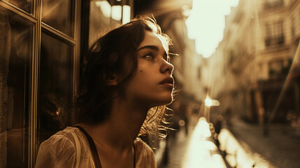 
Dreamlike portrait with an overlay of a vintage Parisian street, translucent layers, soft sepia and rose tones