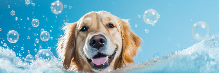 Joyful golden retriever playing with bubbles on a sunny day, perfect for pet care and happiness themes. AI Generative