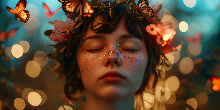 Fantastical portrait of a person with eyes closed, crowned with a halo of radiant butterflies