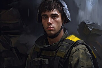 War concept. Close-up of a Ukrainian soldier standing in military uniform. Portrait. Picture effect