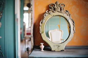 Fototapeta na wymiar moldy, ornate mirror in manors vanity room