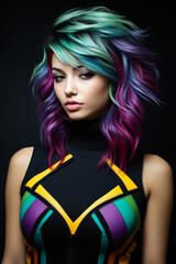 Woman with colorful hair and black top is posing for picture.