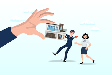 Bankruptcy man and family fighting to hold back their house with big legal hand evict it by law, eviction and mortgage debt, foreclosure or difficulty to payback bank mortgage loan (Vector)