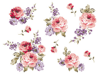 Bouquet Roses Pattern isolated flowers on white background .
