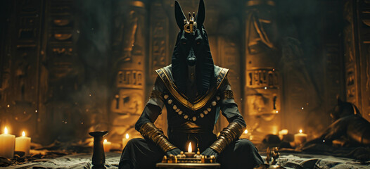 Anubis, Egyptian God of the Afterlife: Jackal head, black and gold royal attire, mystical hieroglyphics background
