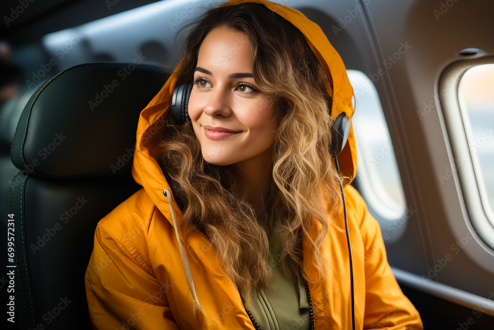 Sticker woman wearing headphones sitting in plane seat with yellow jacket.