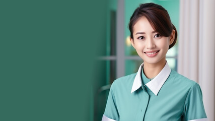 Asian woman in hotel staff uniform smile isolated on pastel background - obrazy, fototapety, plakaty