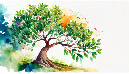 Tu Bishvat tree, copy space on a side, watercolor art style