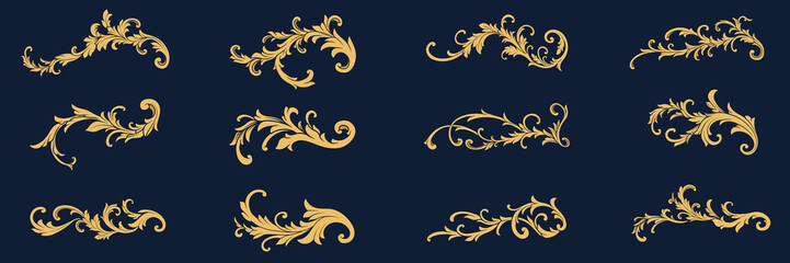 Set vector of gold vintage decorative floral ornament. Flourish, baroque, filigree, border, frame, corner element. design for greeting, page decoration cards, wedding invitation, banner, frames. - obrazy, fototapety, plakaty