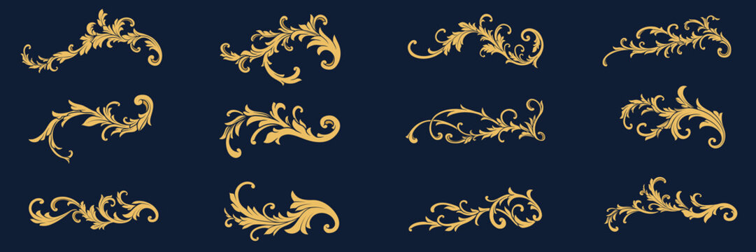 Set vector of gold vintage decorative floral ornament. Flourish, baroque, filigree, border, frame, corner element. design for greeting, page decoration cards, wedding invitation, banner, frames.