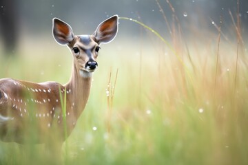dew-covered grass with impala in background - obrazy, fototapety, plakaty
