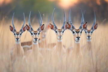 group of impalas alert, ears pricked, at dusk - obrazy, fototapety, plakaty