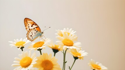 A butterfly sits on a daisy, copy space.