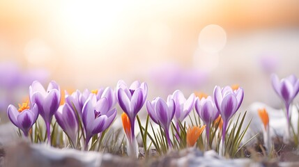 Crocus flowers close up, spring background.