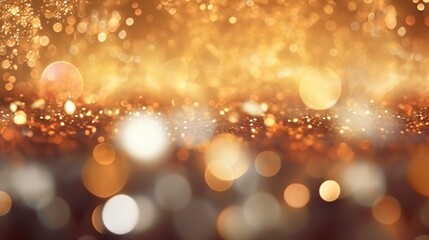 Fototapeta na wymiar Decorative festive abstract golden glitters with blurred bokeh effect background. Christmas, New Year, holidays decoration banner