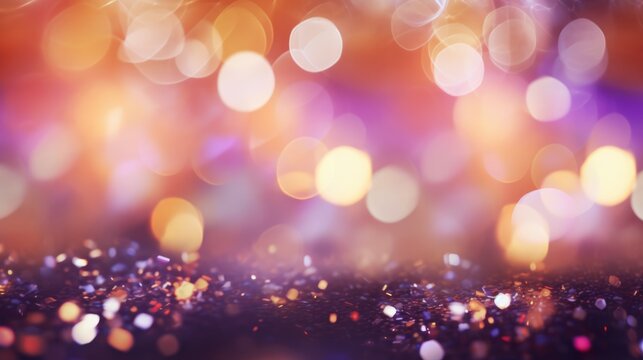 Decorative festive abstract purple glitters with blurred bokeh effect background. Christmas, New Year, holidays decoration banner