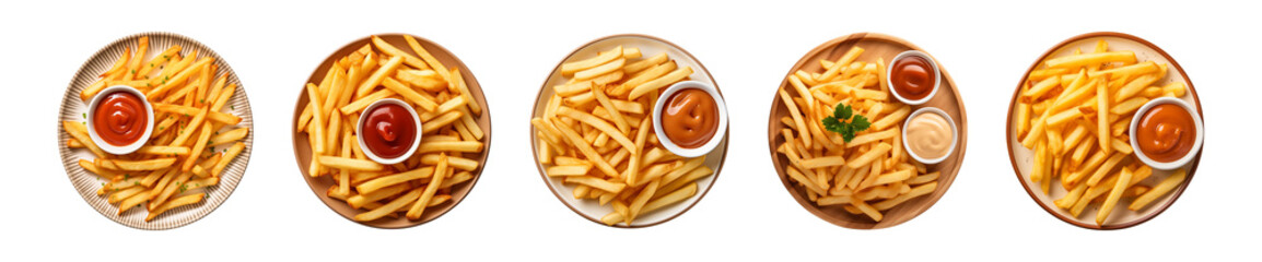 Collection plate of french fries potatoes served with dipping ketchup or sauce isolated on a transparent background, top view - obrazy, fototapety, plakaty