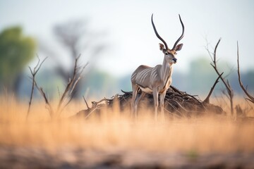 lone kudu bull scouting from a termite mound