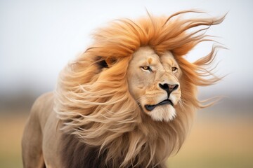 male lion with mane blown by wind