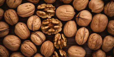 close up of nuts, Healthy food nutrition nut walnut half open and in shell. Can be used for healthy lifestyle motivation inspiration. Falling walnuts isolated on white background, generative AI - obrazy, fototapety, plakaty