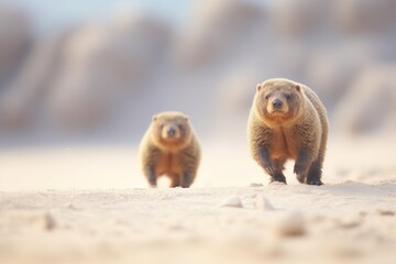 two mongooses in a standoff on desert terrain