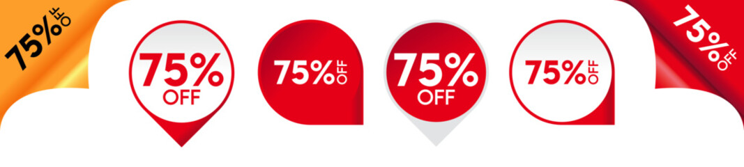 75% off red corner business ribbon isolated on transparent background. Discount or sale label with various shape