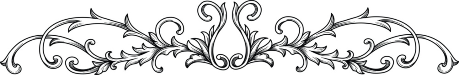 Vintage Baroque element. Arabesque frame engraving ornament. Flourish ornament leaf engraved retro pattern decorative design. Black and white filigree calligraphic vector - obrazy, fototapety, plakaty