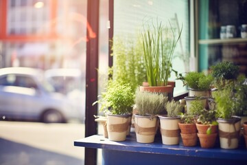 fresh herbs in pots near sunny store window - obrazy, fototapety, plakaty
