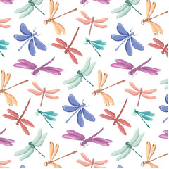 Vintage seamless pattern with watercolor dragonflies on a white background. There are many dragonflies flying.