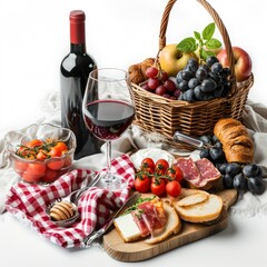 Full view of isolated picnic composition photo, wine and appetizers, professional photo, sharp focus, white background