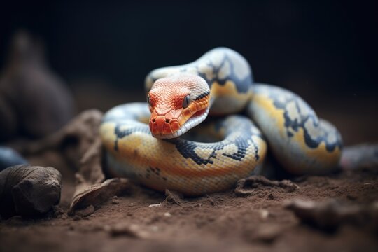 albino python against dark soil
