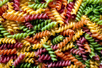 Background of colored noodles. Abstract texture of colorful pasta. Pattern of macaroni. Bright...