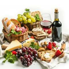 Obraz na płótnie Canvas Romantic picnic composition photo, wine and appetizers, professional photo, sharp focus, isolated on white background