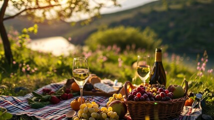 Romantic picnic in a beautiful place close up photo with wine and fruits, professional photo, sharp focus