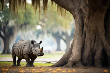Poster solitary rhino under acacia tree in savannah © stickerside
