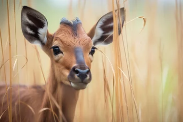 Rolgordijnen roan antelope calf hiding in tall grass © stickerside